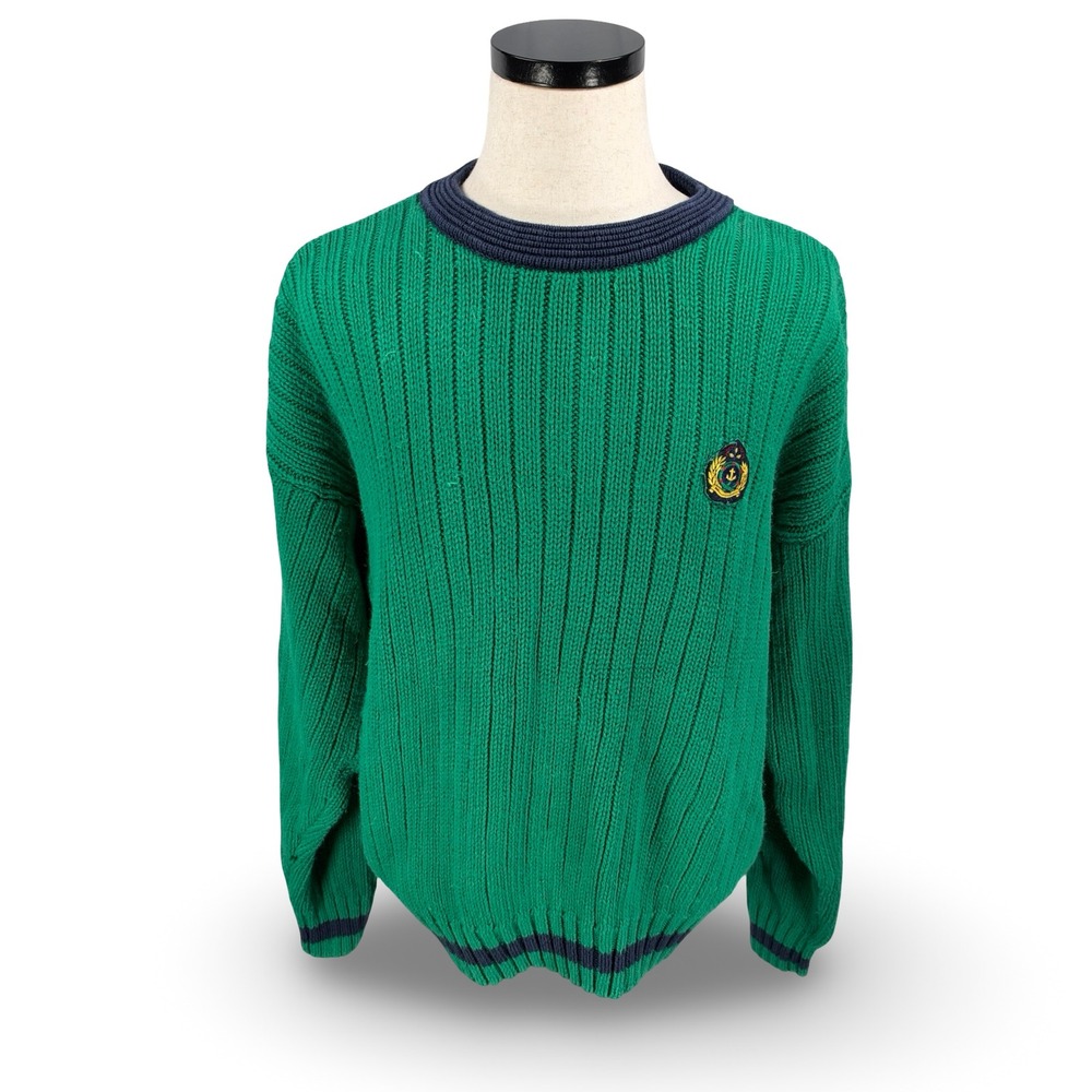 Vintage GAP Mens Green Ribbed Knit Crest Patch Sweater Large Ramie Cotton Mix